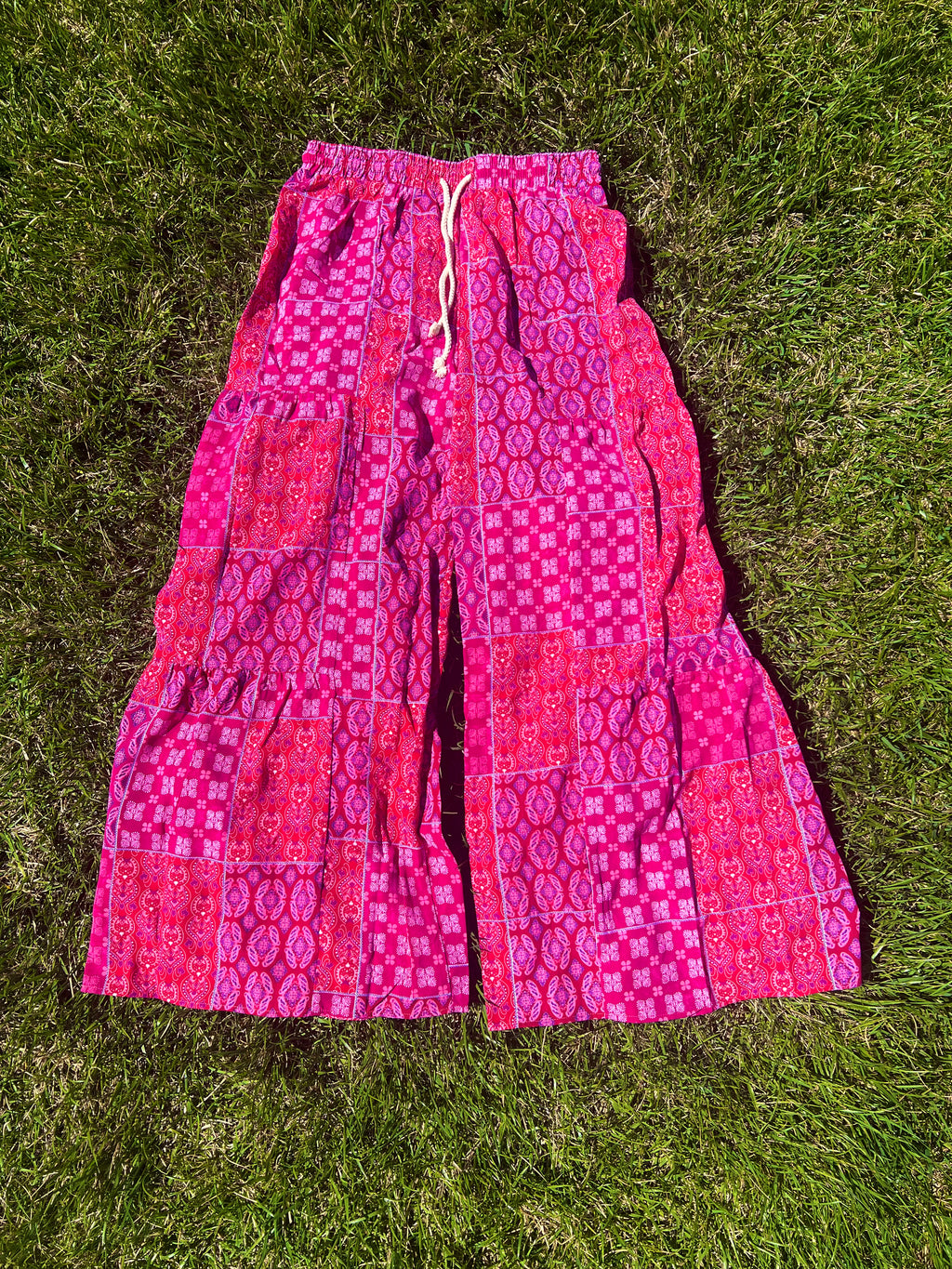 High Waist Drawstring Bohemian Pants - Hot Pink